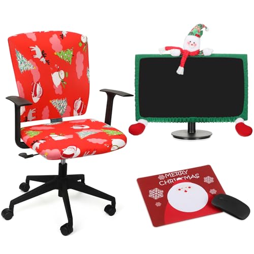 VitalCozy Christmas Office Chair Covers Set with Computer Monitor Cover and Mouse Pad Desk Chair Seat Covers Stretchable Protective Armchair Slipcovers(Santa,Red)