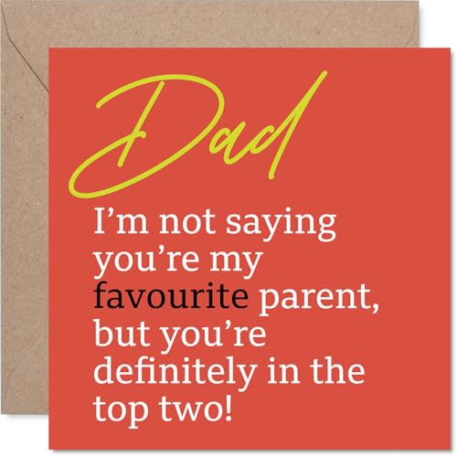 Stuff4 Funny Birthday Card for Dad - Playful Praise for Dad - Bold Red and Yellow Design with Top Two Parent Joke - Sure to Spark a Grin, Father's Day - 5.7 Inch Square, Envelope Included