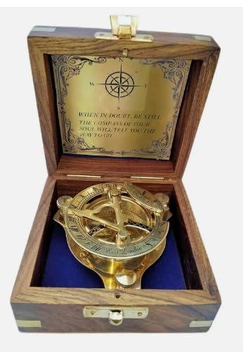 Brújula de reloj de sol de latón con caja de madera – Regalo náutico coleccionable miniatura 4