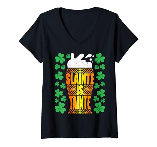 Femme Slainte Is Tainte. St Patrick's Day T Beer Mug humoristique T-Shirt avec Col en V