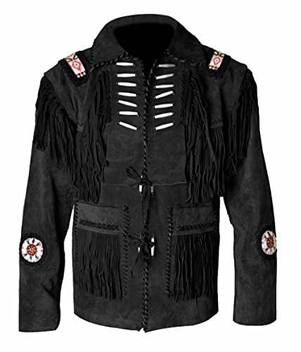 Western Genuine Suede Leather Jacket Men Native American Beaded Tassel Top Brown Fringe Cowboy Jacket for Sale