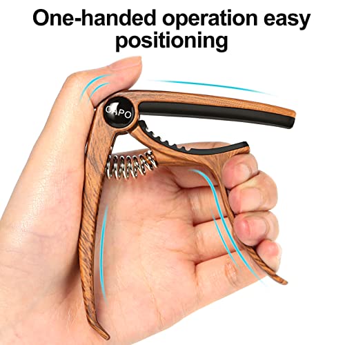 Image of Acoustic Guitar Capo with 6 Guitar Picks, Wood Grain