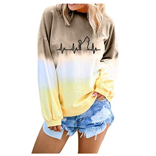 Dongtu Women Fashion Gradual Color Cat Printed Pullover Sweatshirt Fashion Sweatshirts Khaki