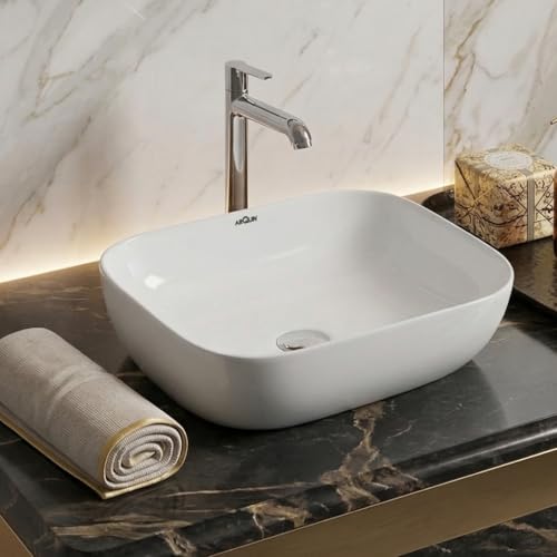 Image of ARQUIN ARQUIN Wash Basin for Bathroom Table Top Washbasin, Countertop Basin | Ceramic Washbasin Bathroom,Hotel | Living Room | Office Vanity Wash Basin (17.72x12.8x5.91 Inch)