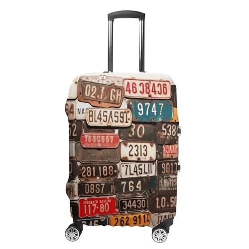 Old License Plate Elastic Luggage Cover Suitcase Protector for 19-32 Inch Suitcases | Universal Stretchable Travel Bag Cover | Anti-Scratch, Washable with Zipper Closure M