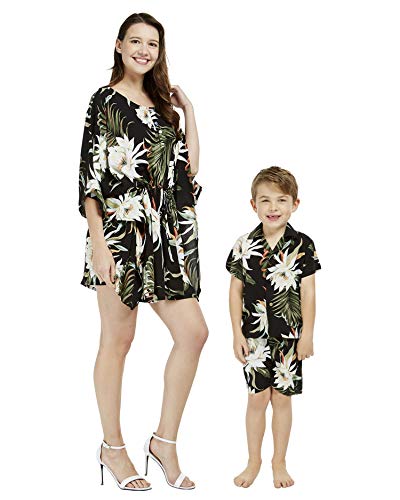 Matching Mother Son Hawaiian Luau Outfit Poncho Dress Shirt in Wispy Cereus Black