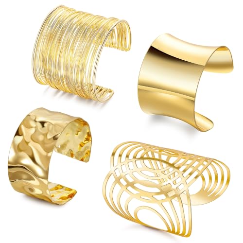 Vegolita 4PCS Chunky Cuff Bracelets for Women Open Wide Bangle Gold/Silver