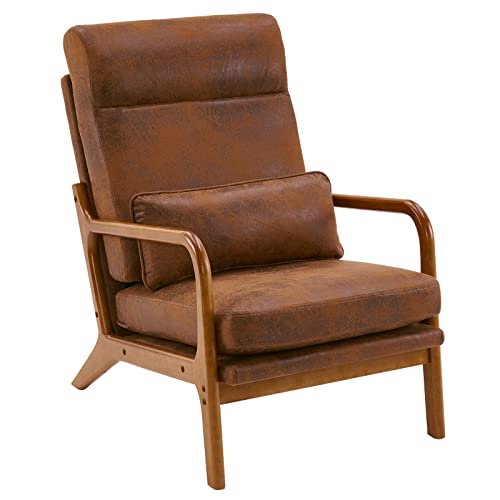 LEADZM Fauteuil de Salon avec Cadre en Bois Massif Fauteuil Lounge, Fauteuil Relax Scandinave, Dossier Haut, pour Salle à Manger, Salon, Chambre, Siege Bureau (Marron)