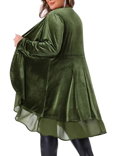 Image of Agnes Orinda Women Plus Size Ruffled Asymmetric Long Velvet Cardigan Jacket | Chiffon Ruffle Splicing Open Front Long Sleeve Irregular Hem Casual Jackets