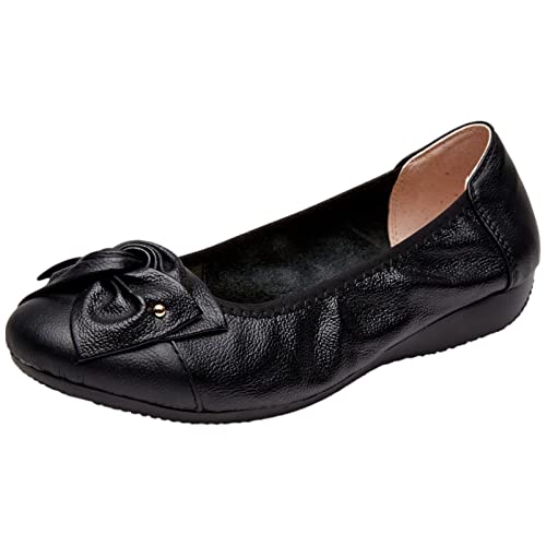 rismart Femme Cuir Ballerines Enfiler Ballerine Pompe Travailler Chaussure avec Arc Noir,39