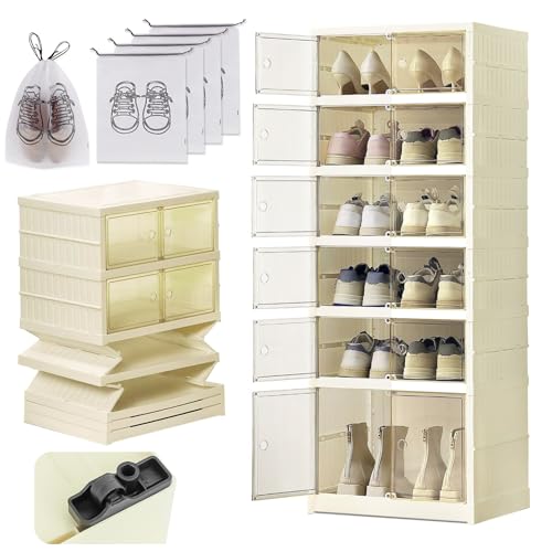 Wuciray Zapatero Plegable Extensible con Puerta Transparente 6 Niveles para 12 Pares Tamaño Hasta 46 Zapatero Plastico Duro Estrechos Altos Zapateras Entrada Recibidor Organizador de Zapatos Cajas