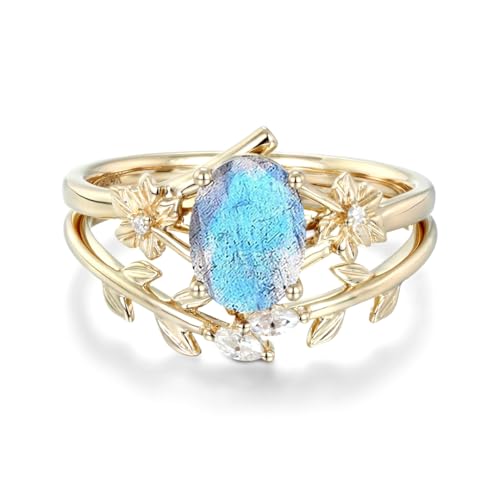 10K 14K 18K Solid Gold Oval Gemstone Engagement Rings Set for Women Leaf Art Deco Rings Set Oval Vintage Vine Gemstone Bridal Wedding Promise Rings Set Size4~15