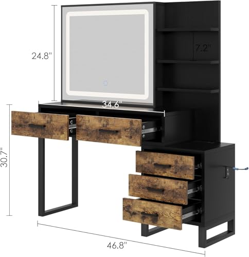 Makeup Vanity Desk with Sliding Mirror and Lights, Large Dressing Table with Charging Station, 3 Lighting Modes, 5 Large Drawers and 3 Tiers of Open Shelves for Bedroom, Dark Brown