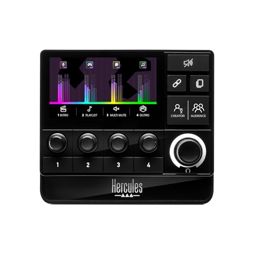 Hercules Stream 200 XLR, Profi-Audio-Controller zum Mastern von Audience-Creator-Mixen live auf dem Bildschirm, mit Mikrofonvorverstärker, LCD-Bildschirm, Hochauflösenden Encodern, 4 Aktionstasten