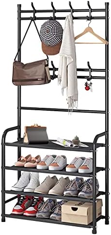 darsun Entryway Coat Rack, Shoe Rack for Entryway, Coat Rack Freestanding with 4-Tier Storage Shelves and 8 Double Hooks, for Living Room, Bathroom, Hallway, 60CM/23.6 IN