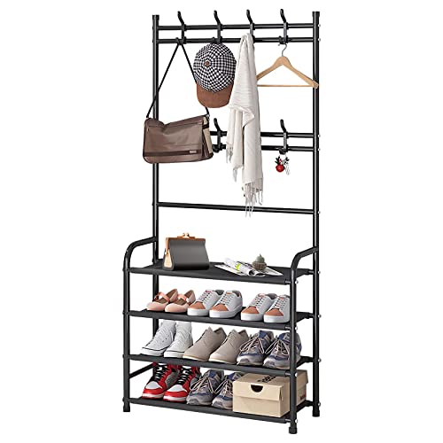Darsun Entryway Coat Rack, Shoe Rack For Entryway, Coat Rack Freestanding With 4-Tier Storage Shelves And 8 Double Hooks, For Living Room, Bathroom, Hallway, 60Cm/23.6 In #TOP3