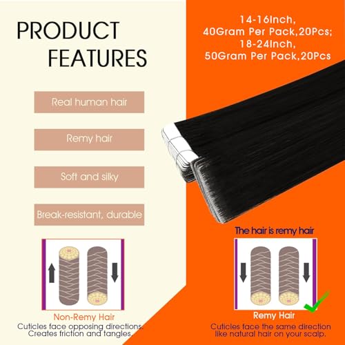 Image of Full Shine Insert Tape ins Human Hair Extensions Color 1 Black Tape in Extensions Human Hair Injection Seamless Skin Weft 22Inch Long Remy Straight 50Gram Add Length Brazilian 20Pcs