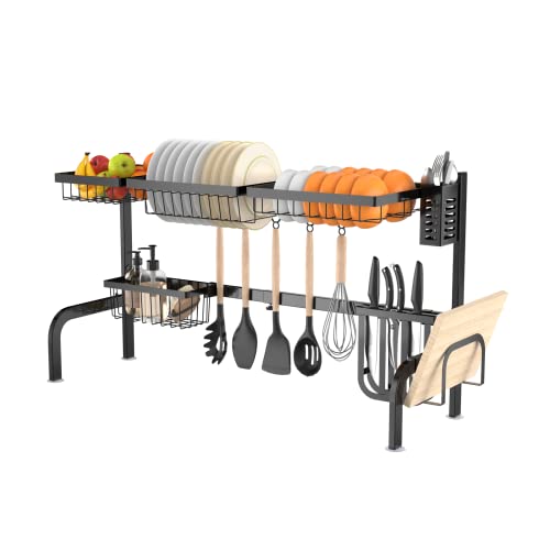 GIANTEX Escurridor de Platos de 2 Niveles con Longitud Ajustable, Secador de Vajilla Grande por Encima del Fregadero Antioxidante, Soporte de Vajilla de Doble Capa para Encimera de Cocina, Negro