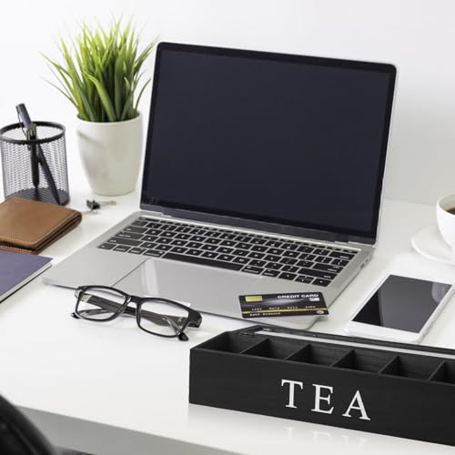 Teebeutel Organizer Mit 6 Fächern, 43 X 9 X 8,7cm Teeboxen Für Teebeutel, Teebeutel Aufbewahrungsbox Aus Massivholz Schwarz, Tee Aufbewahrung Für Teebeutel Kaffeeweißer Gewürzbeutel (Schwarz)