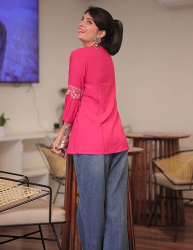 Image of Women's Viscose Rayon Embroidered A-Line Short Kurti Above Knee Regular Fit Tunic Top Office Wear Casual short kurti for women | office wear top | A-line kurti | raksha bandhan gift dress for women
