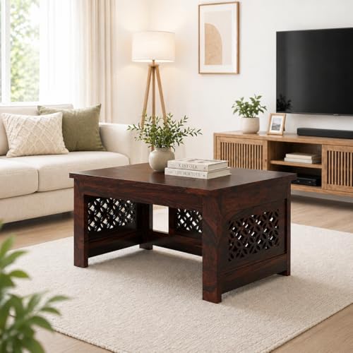 Image of Sheesham Wooden Coffee Table for Home, Office | Solid Wooden Center Table for Living Room, Solid Wood Sofa Center Side End Table for Home Furniture in CNC- Walnut Finish
