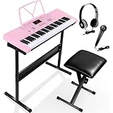 Smartxchoices 61-Key Electronic Keyboard Piano Stand Portable LED Display Keyboard Kit with Adjustable Stand, Adjustable Stool, Headphones, Microphone & Music Rest, Pink