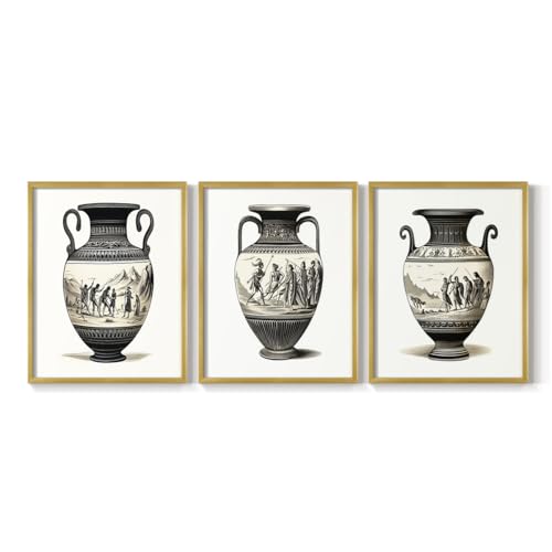 Renditions Gallery Set of 3 Peel & Stick Framed Prints, Pottery Wall Art, Ancient Greek Vase Wall Decor, Re-Stickable - Ready to Hang - 16"x20" - Gold Frame LT597