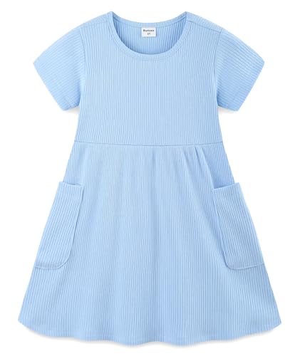 Bumeex Toddler Girls Dresses Cotton Spring Summer Clothes Short Sleeve Rib Flare Dress Sundress Clothing Outfits with Pockets Light Blue 2t