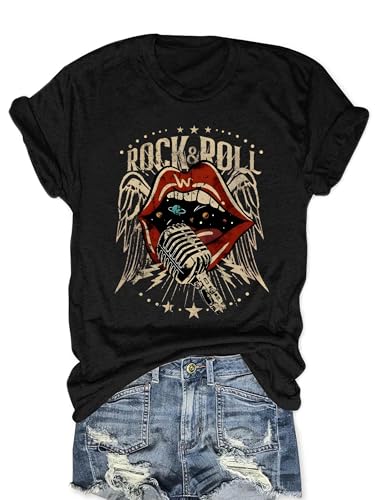 Rock and Roll Shirts for Women Vintage Rock Band T Shirts Country Concert Outfits Short Sleeve Graphic Tees(Black,L)