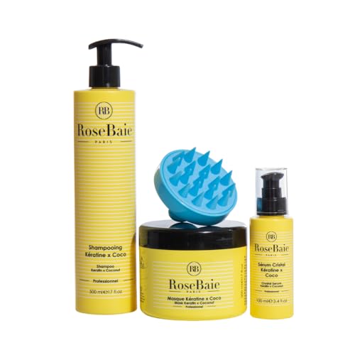 ROSEBAIE | Sérum Coco et Kératine | Nutrition et Hydratation | Cheveux abîmés et secs | Brosse Massante Offerte | Shampoing 500ml Masque 500ml Sérum 100ml