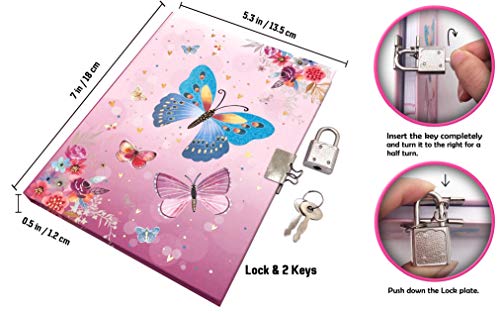 Tagebuch mit Schloss Mädchen, 17,8x13,5cm 80 Linierte Blätter 160 Seiten Schmetterlings Kinder Tagebuch mit Schloss Notizbuch Mädchen zum Schreiben und Zeichnen Geschenke für Mädchen 6 7 8 9 10 Jahre