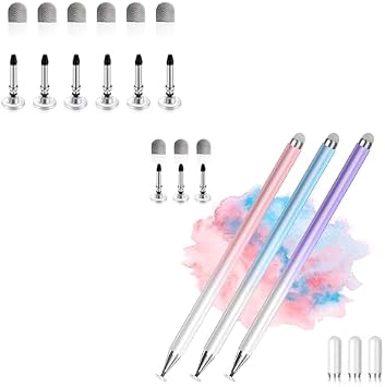 Universal 2-in-1 Stylus Pen with 12 Extra Replacement Tips for Touch Screens -Blue, Pink, Purple