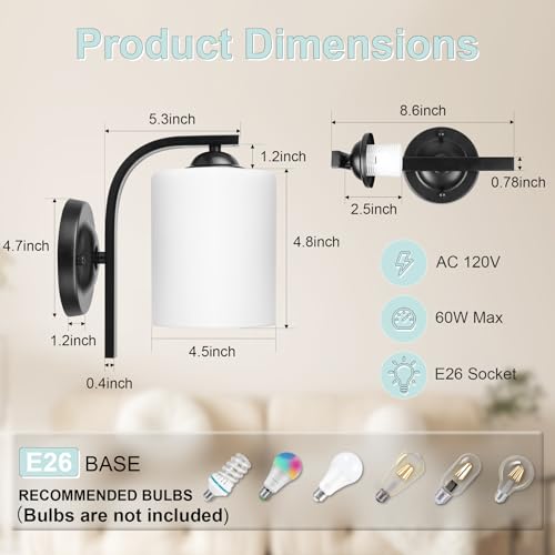 Wall Sconce 2-Light, Modern Wall Lighting Fixture, Bathroom Vanity Lights with Matte Black Wall Lamp for Mirror Bedroom Kitchen Hallway Porch, Milky White Glass Shades, E26 Socket, Bulbs Not Included by CANMEIJIA - Image 3