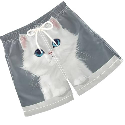 Pigsaly Boys Swim Trunks Cartoon White Cute Cat Persian Kitty Boys Board Shorts Swimsuit Swimwear Summer Bathing Suit 4T