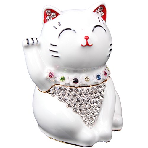 Znewlook Hinged Jeweled Trinket Box Cute Japan Lucky Cat Jewelry Earring Holding Gift (White) #TOP21