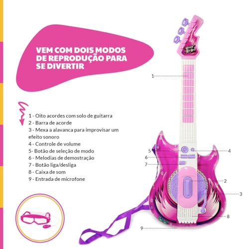 GUITARRA INFANTIL E MICROFONE CONECTA CELULAR MEGA COMPRAS (Rosa)