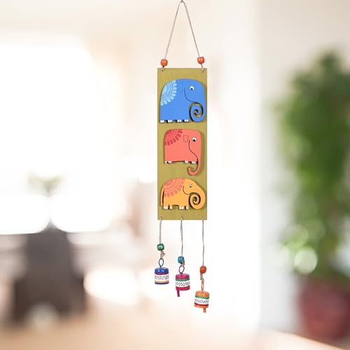 Image of Aakriti Art Creations Trinity of Elephants Windchime Multicolor | Handmade Modern Art Wooden & Metal Wind Chime | Matte Decorative Wind Chimes for Balcony, Garden, Living Room & Gifting