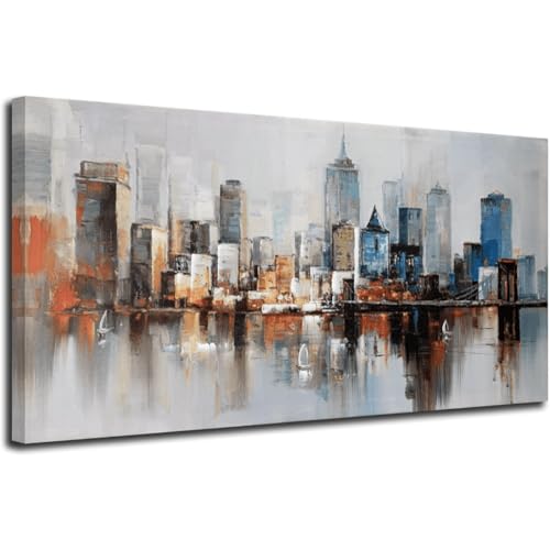Tableau moderne paysage urbain New York avec cadre en bois 80x160