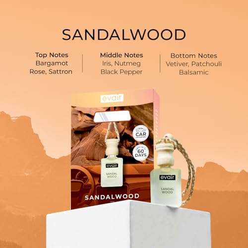 Image of Evair Sandalwood Car Air Freshener | Hanging Car Perfume with Essential Oils | Long-Lasting Aroma in Glass Bottle with Wooden Diffuser Lid | 10ml Hanging Car Scent (Pack of 1)