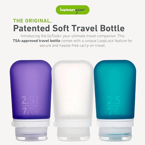 Image of humangear GoToob+ Bottles - Silicone Leak-Proof Travel Tubes for Toiletries, Camping & TSA Carry-On (3-Pack), Medium (2.5 fl oz; 74ml), Clear /Purple /Teal