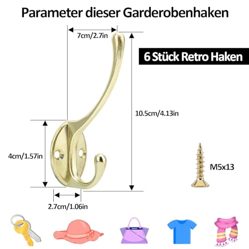6 Stück Garderobenhaken Brass Vintage Garderobe Haken Retro Kleiderhacken Zinklegierung Garderoben Mantelhaken Metall Wandhaken mit 12 Stk Schrauben Wand Schlüsselhaken für Bad Küche Büro Tür Schrank