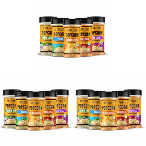 Image of HARIBAS Combo Pack Of 15 Pop Corn Seasoning Powder | Tasty Powder, 50 G Each, Sprinkle On Maggie /French Fries | Cheddar Cheese, Cream Butter & Onion, Tomato Chilli, Thai, Pudina For Popcorn, Nacho