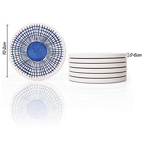 AD Set of 6 Coasters for Drinks Absorbing Round Ceramic Stone Coaster with Cork Base,Tabletop Protection Mat for Mugs and Cups,Office,Kitchen (Blue Watercolor Series)