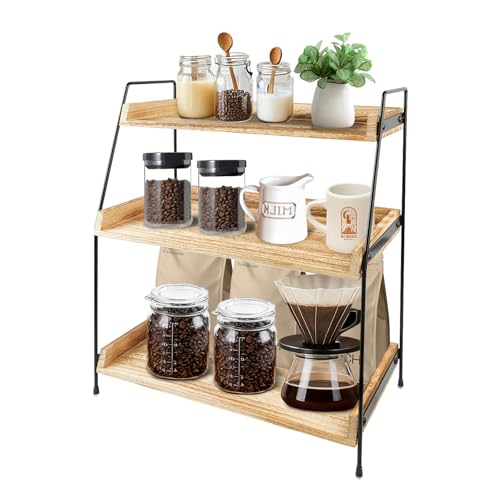 PopuLike 3 Tier Coffee Station Organizer, Wooden Coffee Storage and Spice Rack Kitchen Shelf for Coffee Tea Accessories