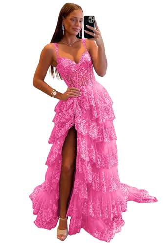 Sparkly Tiered Lace Tulle Prom Dresses Long Spaghetti Straps Formal Evening Party Gown