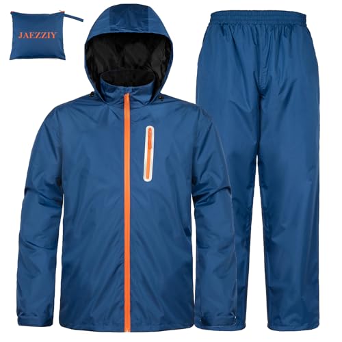 JAEZZIY Rain Suits for Men Women Waterproof Lightweight Hooded Breathable Rain Gear Raincoat for Fishing Hiking Cycling (Navy Blue 3XL)