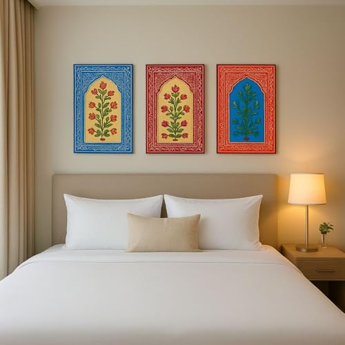Image of SHREE 'O' GREEN TECH Set Of 3 Handcrafted Wooden Unique Jharokha Wall Hanging Multicolor Rajasthani Window Frame for Home, Living Room, Bedroom & Office Decor (9x15 Inch)