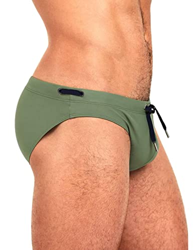 Mizok Men's Sexy Low Rise Swimwear Bikini Swimming Briefs Drawstring Quick Dry Beach Swimsuits Army L #TOP1