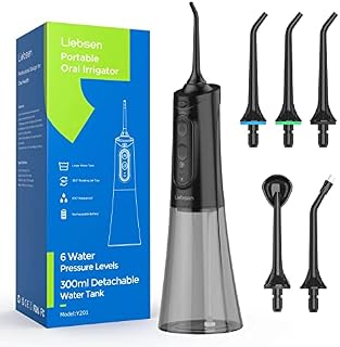 Liebssen Cordless Water Dental Flosser for Teeth Cleaning Denture Brushes One Button Operation 6 Water Intensity 5 Tips IPX7 Long Battery Life 300ML Tank Portable Oral Irrigator for Home Travel