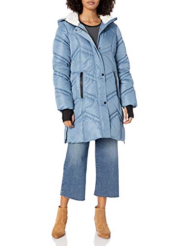 Steve Madden Women's Puffer Jacket, Mid Length Sherpa Dusty Blue, S